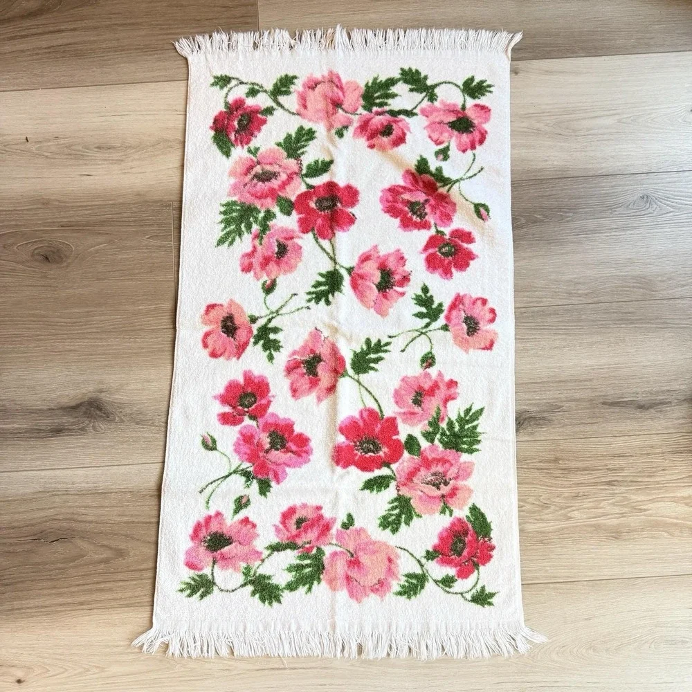 Lady Pepperell Vintage Floral Bath Towel Fringe Pink Roses 21x34